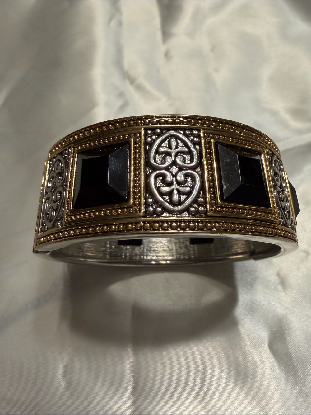 Two-Tone Silver & Gold Bracelet with Black Gem Inlays
